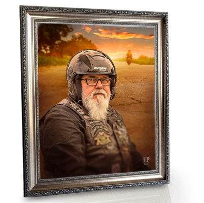Show details for Framed Memorial Portrait - Motorcycle Sunset Lifescapes Background