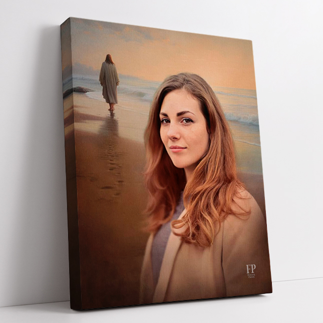 Show details for Wrapped Canvas Memorial Portrait - Footprints of Faith Lifescape Background