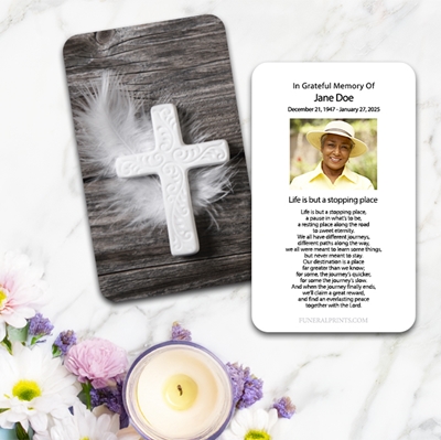 Show details for Feather Cross Spanish Prayer Card