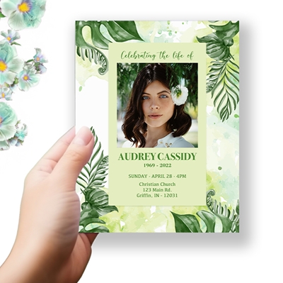 Show details for Green Leaf Watercolor Funeral Program 