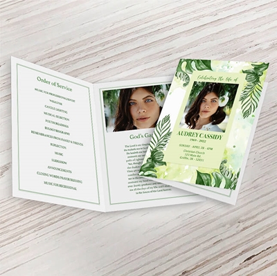 Show details for Green Leaf Watercolor Funeral Program 