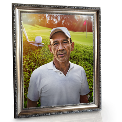 Show details for Framed Memorial Portrait - Emerald Fairway Lifescape Background