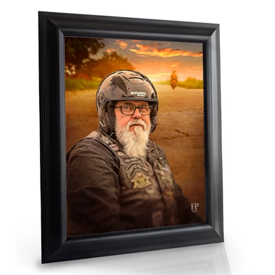 Show details for Framed Memorial Portrait - Motorcycle Sunset Lifescapes Background