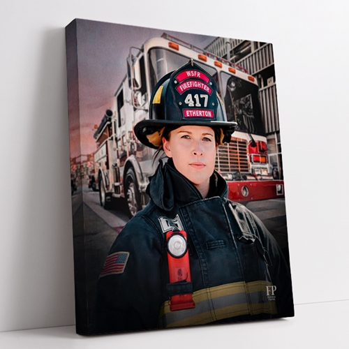 Show details for Wrapped Canvas Memorial Portrait - Guardian of the City 1 Lifescape Background