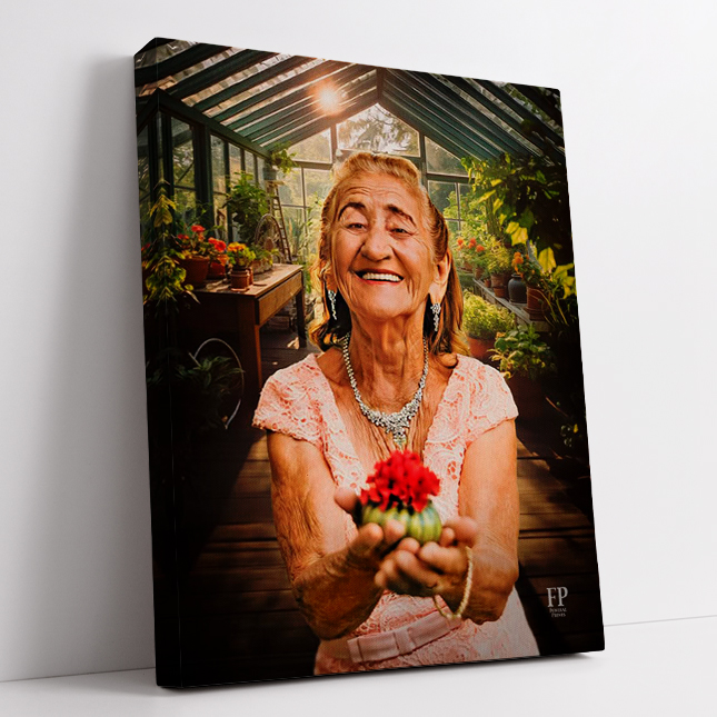 Show details for Wrapped Canvas Memorial Portrait - Gardeners Happy Place Lifescape Background