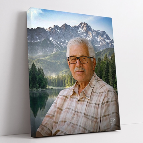 Show details for Wrapped Canvas Memorial Portrait - Serene Mountain Lifescapes Background